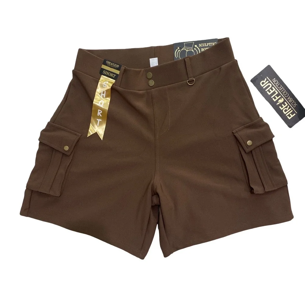 NWT Brown Cargo Sculpting Shorts Women's 1X pull on Shaping Stretch 7